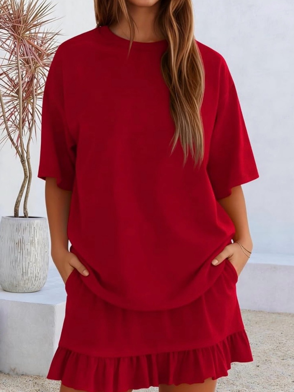 Casual Red Short-Sleeve Ruffle-Hem Tunic Top
